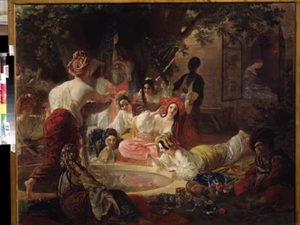 Bahcesaray szökőkútja (Törökország) (Bahcesaray szökőkútja). Nők egy háremben, akik egy aranyhalas tóban lévő szökőkút vizével játszanak Karl Pavlovich Briullov (Briullov) festménye (1799-1852). Olajfestmény
