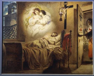 Egy apáca rémálma. Egy fiatal alvó apáca szerelmi viszonyról álmodik, míg a felettes anya kinyitja cellája ajtaját. Karl Pavlovich Briullov (Briullov) (1799-1852) munkája, akvarell kartonra