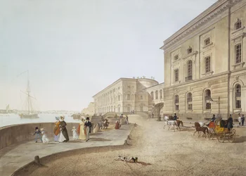 Kilátás a Néva rakpartra a Régi Ermitázs épületénél, 1824