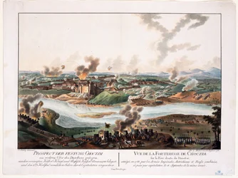 Khotyn ostroma (Chocim, Chotyn, Hotin, Choczim ou Khotine, Ukrajna) 1788-ban - Schuetz, Carl (1745-1800) - 1788 - Rézmetszet, akvarell - 36,6x48,3 - Magángyűjtemény