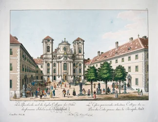A Piaristenplatz és a Maria Treu templom látképe (metszet)