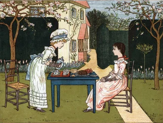 Napszak: két fiatal lány kóstolgatja a kertben. Kate Greenaway (1846-1901) illusztrációja az Edmund Evans által szerkesztett „” Under The Window” (1879) mesék és mondókák gyerekeknek című könyvéből.
