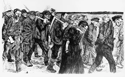 Munkások demonstrációja, Kathe Kollowitz (1867-1945) illusztrációja a Die Weber (A szövők) című operához.