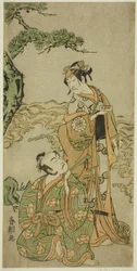 A színészek Nakamura Nakazo I mint Matsukaze (jobbra), és Ichikawa Komazo I mint Yukihira (balra), a Kuni no Hana Ono no Itsumoji című darabban, a Nakamura Színházban a tizenegyedik hónapban, 1771