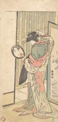 Egy udvarhölgy a tükörképét nézi egy kéztükörben, kb. 1787.