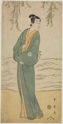 A színész Segawa Kikunojo III mint Chokichi a Suda no Haru gésa Katagi című darabban, amelyet a Kiri Színházban adtak elő az első hónapban, 1796-ban.