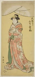 Yamashita Kinsaku II. színész mint Tsumagi szobalány az "Otokyama O-Edo no Ishizue" című darabban, amelyet a Kiri Színházban adtak elő 1794 tizenegyedik havában.