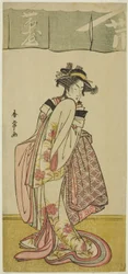 A színész Segawa Kikunojo III Shinanoya Ohan szerepében a Kabuki no Hana Bandai Soga című darabban, az Ichimura Színházban a harmadik hónapban, 1786 körül (színes fatömbnyomat; hosoban)