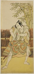 A színész Bando Mitsugoro I mint Ogata no Saburo, Yoroya Takiemon álruhában a Mure Takamatsu Yuki no Shirahata című darabban, amelyet az Ichimura Színházban adtak elő 1780 tizenegyedik hónapjában.