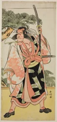 A színész Ichikawa Danjuro V. mint Kajiwara Genta Kagesue a Yuki Nazuna Saiwai Soga című darabban, amelyet a Kiri Színházban adtak elő az első hónapban, 1787-ben.