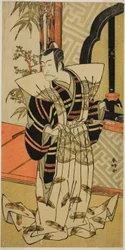 Ichikawa Danjuro V. színész mint Kajiwara Heiji () a Hiragana Seisuiki () című darabban, amelyet a Morita Színházban () adtak elő 1776 harmadik hónapjában ().