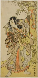 A színész Ichikawa Danjuro V mint Kazusa no Akushichibyoe Kagekiyo vak udvari zenésznek (Kengyo) álcázva az Edo Meisho Midori Soga című darabban, melyet a Morita Színházban adtak elő 1779 negyedik hónapjában.