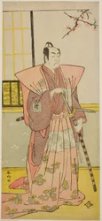 Ichikawa Omezo I. színész mint Koyurugi Motomenosuke () a Haru no Nishiki Date-zome Soga () című darabban, amelyet a Nakamura Színházban () adtak elő 1790 első hónapjában ().