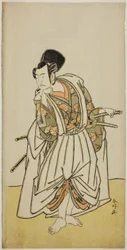 A színész Ichikawa Yaozo II mint Sakura-maru a Sugawara Denju Tenarai Kagami című darabban, amelyet az Ichimura Színházban adtak elő 1776 hetedik havában.