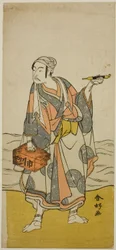 Ichikawa Yaozo II színész Jirosaku révész szerepében az Oyafune Taiheiki című darabban, amelyet az Ichimura Színházban adtak elő 1775 tizenegyedik hónapjában