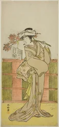 Iwai Hanshiro IV. színész mint Umegae, Omatsu női jövendőmondónak álcázva a Mukashi Otoko Yuki no Hinagata című darabban, amelyet az Ichimura Színházban adtak elő 1781 tizenegyedik hónapjában.