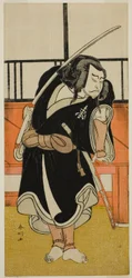 Nakamura Nakazo I. színész mint Aso no Matsuwaka () az Iro Moyo Aoyagi Soga () című darabban, amelyet a Nakamura Színházban () adtak elő 1775 második hónapjában ().
