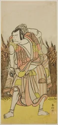 Nakamura Nakazo I. színész mint Hachiman Taro Yoshiie () az Oshu Adachi ga Hara () című darabban, amelyet a Nakamura Színházban () adtak elő 1775 negyedik hónapjában ().