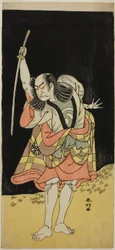 Nakamura Nakazo I. színész mint Ippei () a Koi Nyobo Somewake Tazuna () című darabban, amelyet az Ichimura Színházban () adtak elő 1778 nyolcadik hónapjában ().