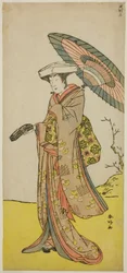 A színész Nakayama Kojuro VI mint Chinzei Hachiro Tametomo, Hotoke úrnőnek álcázva (Hotoke Gozen) a Yukimotsu Take Furisode Genji című darabban, amelyet a Nakamura Színházban adtak elő 1785 tizenegyedik hónapjában.