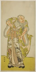 Sakata Hangoro II. színész mint Hige no Ikyu a Shida Yakata Yotsugi no Hikibune című darabban, amelyet az Ichimura Színházban adtak elő 1782 ötödik hónapjában.