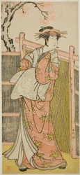 Sawamura Sojuro III. színész mint a kurtizán Takao szelleme a Takao Daimyojin Momiji no Tamagaki című darabban, amelyet a Nakamura Színházban adtak elő 1787 hetedik hónapjában.