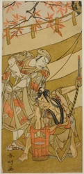 A színészek Ichikawa Raizo II mint Kojiro Masahira (jobbra) és Ichikawa Danzo IV mint Doi no Yataro (balra), a Kaomise Ama no Iwato című darabban, amelyet a Nakamura Színházban adtak elő a tizenegyedik hónapban, 1774-ben.