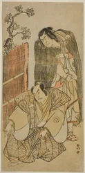 A színészek: Nakamura Nakazo I. mint Kagekiyo koldusnak öltözve (jobbra), és Otani Hiroji III. mint Onio Shinzaemon (balra), a Kotobuki Banzei Soga című darabban, amelyet az Ichimura Színházban adtak elő 1783 harmadik hónapjában.