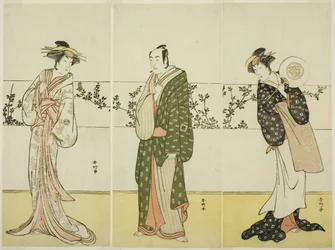 A színészek Osagawa Tsuneyo II (jobbra), Ichikawa Monnosuke II (középen) és Segawa Kikunojo III (balra), valószínűleg mint Misao Gozen, Matsuya Soshichi és a hakatai kurtizán Kojoro, a Chiyo no Hajime Ondo no Seto (Az örökkévalóság kezdetei) című darabban: