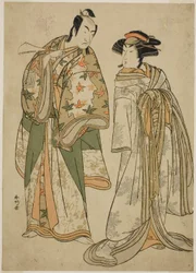 A színészek: Segawa Kikunojo III mint Sumizome kurtizán (jobbra) és Ichikawa Monnosuke II mint Goinosuke Yoshimine (balra), a Juni-hitoe Komachi-zakura című darabban, amelyet a Kiri Színházban adtak elő 1784 tizenegyedik hónapjában.