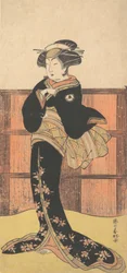 A negyedik Iwai Hanshiro nőként fekete kimonóban, kb. 1778