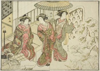 A Nakaomiya udvarhölgyei, a "Gyönyörű nők tükre az örömnegyedben (Seiro bijin awase sugata kagami)" című könyvből. 2