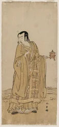 Ichimura Uzaemon IX Shingen szerepében A vízesés szalagján megrázott imagyöngysorban