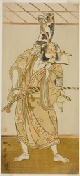 A színész Arashi Sangoro II Asahina Saburo szerepében az Iro Maki-e Soga no Sakazuki című darabban, a Morita Színházban az első hónapban, 1773