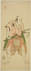 I. Bando Sampachi színész Yawata no Saburo (?) szerepében a Shuen Soga Omugaeshi (?) színdarabban, amelyet az Ichimura Színházban (?) mutattak be a második hónapban, 1768 (?)