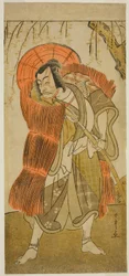 A színész Ichikawa Danjuro V, mint Akushichibyoe Kagekiyo koldusnak álcázva, a Tsukisenu Haru Hagoromo Soga című darabban, amelyet az Ichimura Színházban mutattak be a harmadik hónapban, 1777