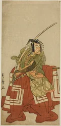 A színész Ichikawa Danjuro V Arakawa Taro szerepében a Nishiki Tsui no Yumitori játékban, a Morita Színházban a tizenegyedik hónapban, 1778