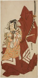 A színész Ichikawa Danjuro V Hannya no Goro szerepében a Sugata no Hana Yuki no Kuronushi című darabban, a Nakamura Színházban a tizenegyedik hónapban, 1776