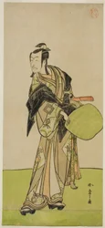 A színész Ichikawa Danjuro V Kakogawa Honzo szerepében a Kanadehon Chushin Nagori no Kura című darabban, a Nakamura Színházban a kilencedik hónapban, 1780