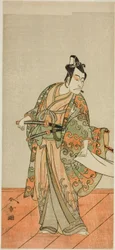 A színész Ichikawa Danjuro V Kudo Kanaishi (?) szerepében az Izu-goyomi Shibai no Ganjitsu (?) című darabban, a Morita Színházban (?) a tizenegyedik hónapban, 1772 (?)