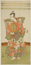 A színész Ichikawa Danjuro V Kudo Kanaishi szerepében az Izu-goyomi Shibai no Ganjitsu című darabban, a Morita Színházban a tizenegyedik hónapban, 1772