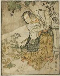 A színész Ichikawa Danjuro V Ogata no Sabura (?) szerepében a Nue no Mori Ichiyo no Mato című darabban, a Nakamura Színházban a tizenegyedik hónapban, 1770