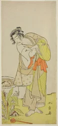A színész Ichikawa Danjuro V, mint Soga no Dozaburo (?) a Shida Yuzuriha Horai Soga (?) színdarabban, amelyet a Morita Színházban (?) mutattak be az első hónapban, 1775 (?)