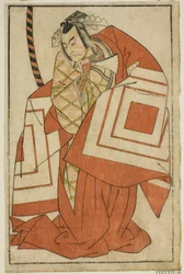 A színész Ichikawa Danjuro V Watanabe Kiou Takiguchi (?) szerepében a Nue no Mori Ichiyo no Mato (?) színdarabban, a Nakamura Színházban (?) a 11. hónapban, 1770 (?)
