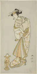 Ichikawa Danjuro V színész Seigen szerzetes szellemeként a „Sono Utsushi-e Matsu ni Kaede” című Shosagoto táncjelenetben (Fenyő és juhar árnyképe), a Keisei Momiji no Uchikake című darab második részének utolsó jelenete (Kurtizán felső kimonóban, amely