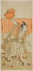 Ichikawa Monnosuke II színész, mint Ageha no Chokichi Soga no Goro Tokimuneként álcázva a Kaido Ichi Yawaragi Soga című darabban, amelyet a Nakamura Színházban mutattak be a harmadik hónapban, 1778