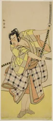 A színész Ichikawa Yaozo II Sakura-maru szerepében a Sugawara Denju Tenarai Kagami című darabban, amelyet az Ichimura Színházban adnak elő a hetedik hónapban, 1776