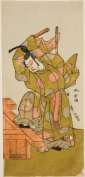 Ichimura Uzaemon IX színész Otomo no Kuronushi szerepében a Sugata no Hana Yuki no Kuronushi című darabban, előadva az Ichimura Színházban 1776 tizenegyedik hónapjában
