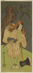 A színész Matsumoto Koshiro II, mint Osada no Taro Kagemune Favágónak álcázott Gankutsu no Gorozo a Nue no Mori Ichiyo no Mato című darabban, a Nakamura Színházban a tizenegyedik hónapban, 1770
