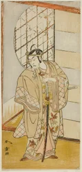 Matsumoto Koshiro IV. Matsuo-maru szerepében a Sugawara Denju Tenarai Kagami című darabban, amelyet a Nakamura Színházban mutattak be a kilencedik hónapban, 1773
